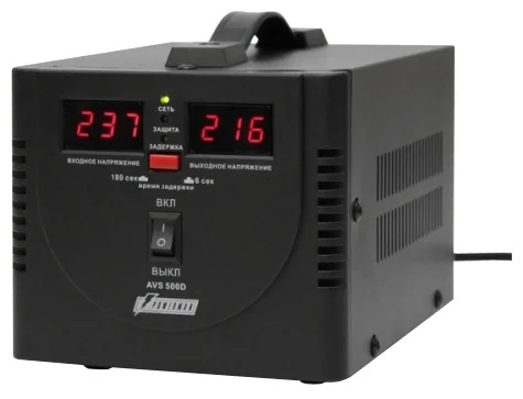 Стабилизатор POWERMAN AVS 500D, черный, ступенчатый регулятор, цифровые индикаторы уровней напряжения, 500ВА, 140-260В, максимальный входной ток 5А, 2