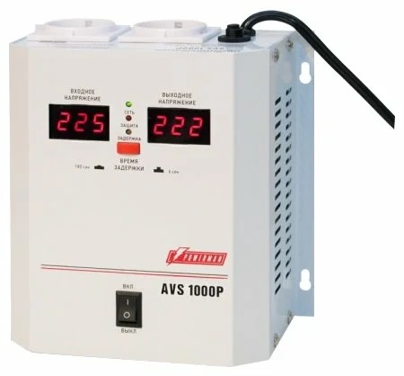 Стабилизатор POWERMAN AVS 1000P, ступенчатый регулятор, цифровые индикаторы уровней напряжения, 1000ВА, 110-260В, максимальный входной ток 7А, 2 еврор