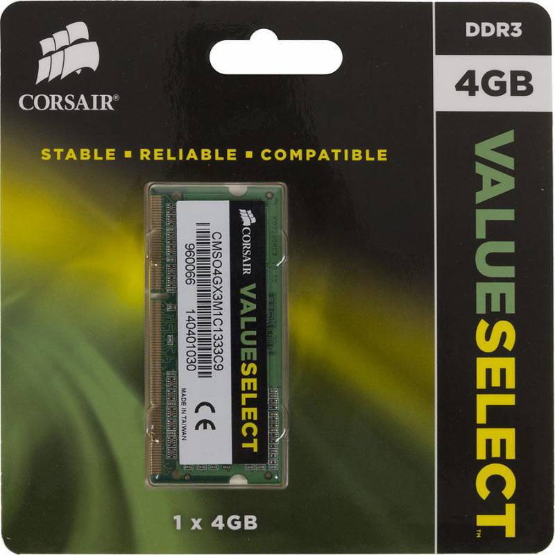 Память SO-DIMM 4 Gb DDR3L 1333MHz Corsair PC3-10600 CL9 204-pin 1.35В, CMSO4GX3M1C1333C9