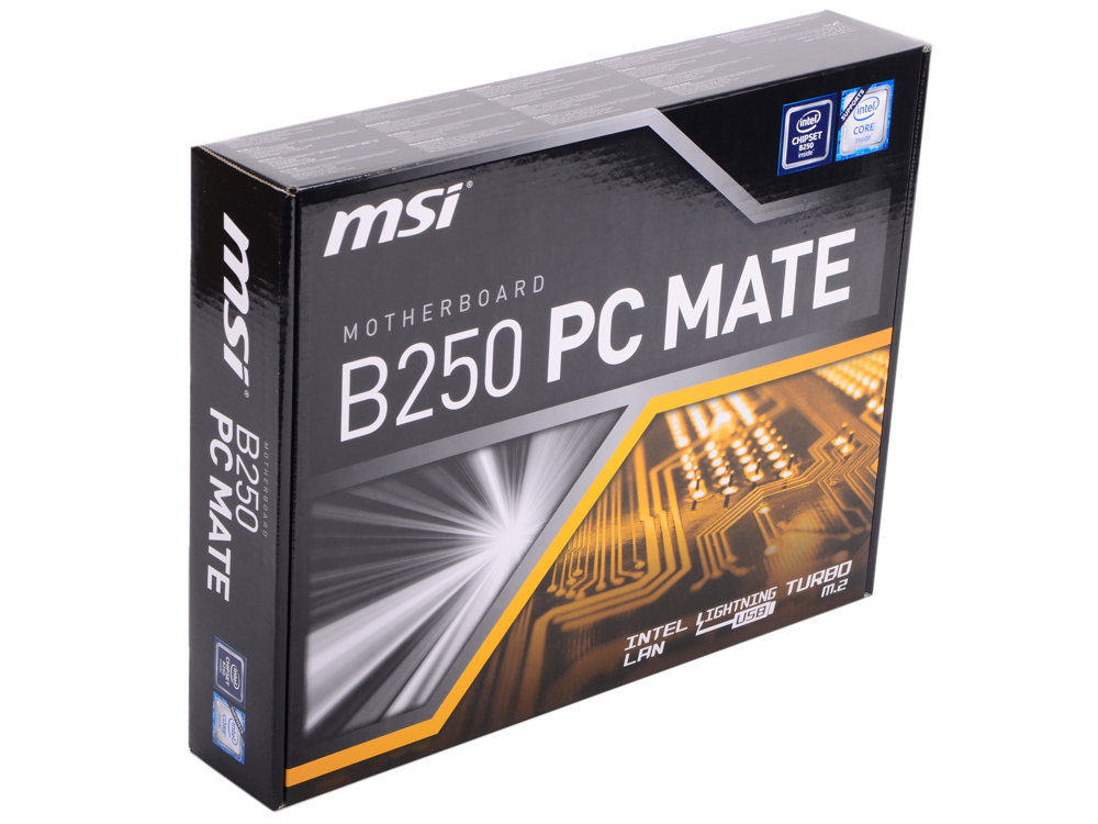 Материнская плата MSI B250 PC MATE, Socket 1151, Intel B250, 4xDDR-4, 7.1CH, 1000 Мбит/с, USB3.1, USB 3.1 Type-C, D-Sub, DVI, HDMI, ATX, Retail