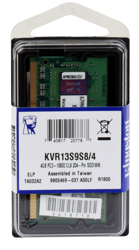 Память оперативная для ноутбука Kingston SODIMM 4GB 1333MHz DDR3 Non-ECC CL9 SR X8, KVR13S9S8/4
