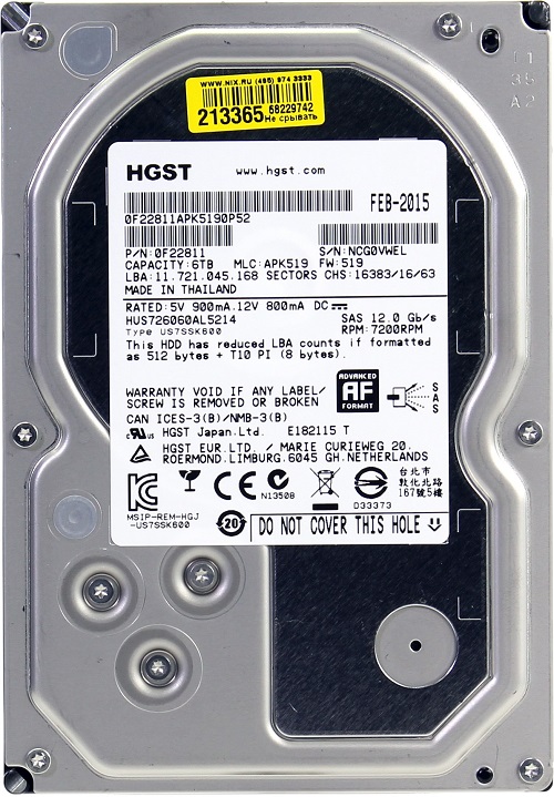 Жесткий диск 6 Tb HGST SAS 2.0 HUS726060AL5214 ULTRASTAR 7K6000 (7200rpm) 128Mb 3.5", 0F22811