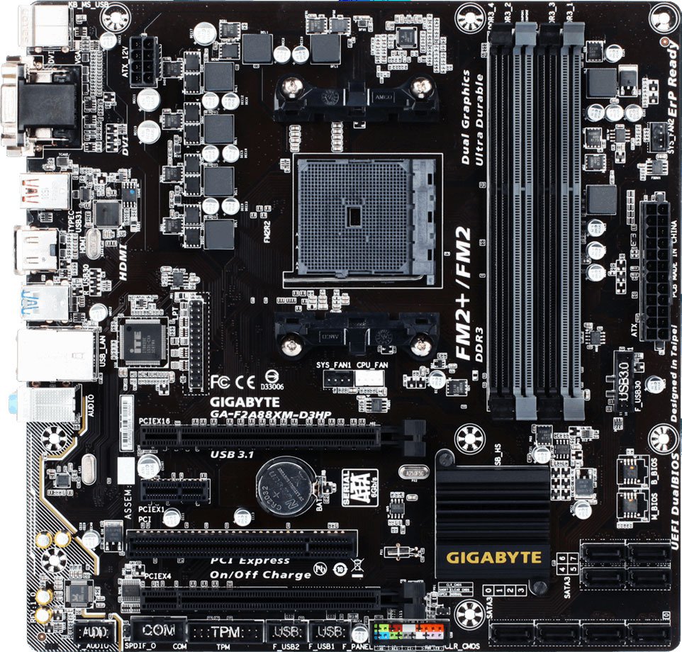Материнская плата Gigabyte GA-F2A88XM-D3HP Soc-FM2+ AMD A88X 4xDDR3 mATX AC`97 8ch(7.1) GbLAN RAID RAID1 RAID5 RAID10+VGA+DVI+HDMI