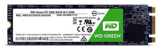 Твердотельный накопитель Western Digital Green WDS120G1G0B, M.2, 120 Гб, SATA-III, чтение: 540 Мб/сек, запись: 430 Мб/сек, TLC