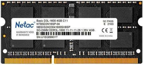 Оперативная память Netac Basic SODIMM 4GB DDR3L-1600 (PC3-12800) C11 11-11-11-28 1.35V Memory module