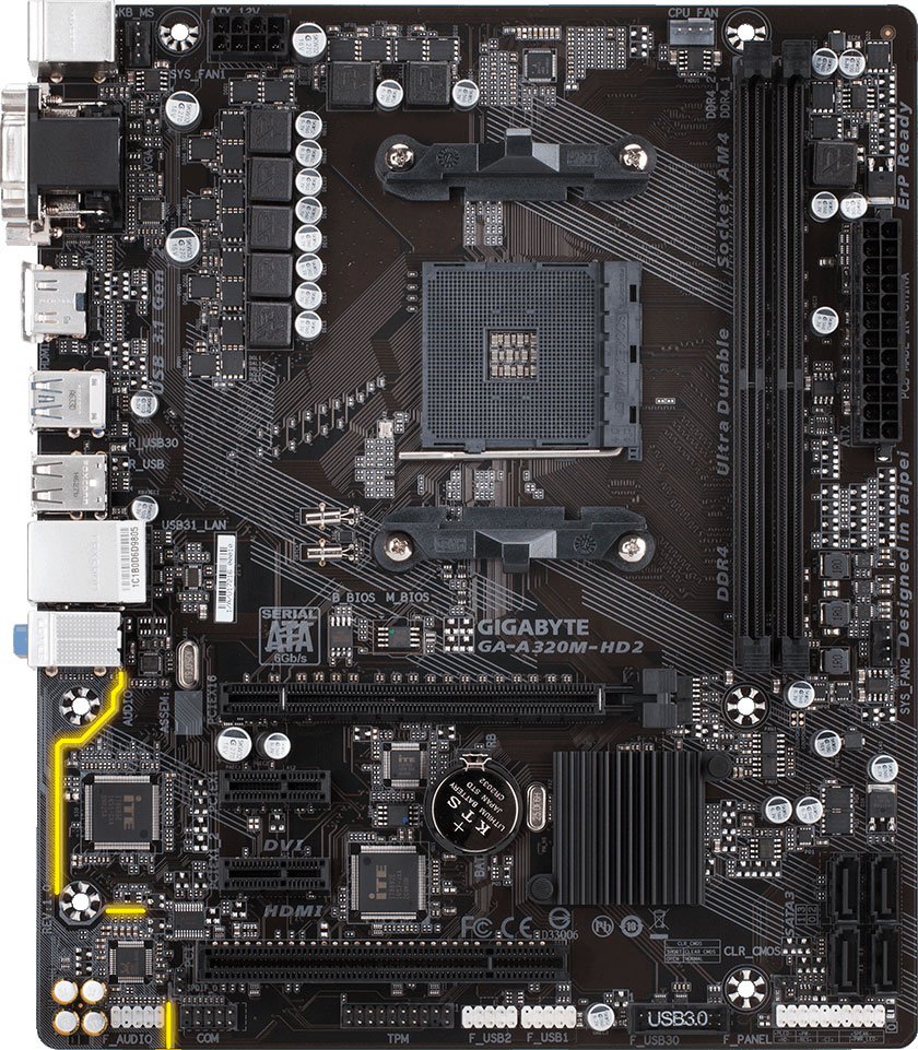 Материнская плата Gigabyte GA-A320M-HD2 Soc-AM4 AMD A320 2xDDR4 mATX AC`97 8ch(7.1) GbLAN RAID+VGA+DVI+HDMI