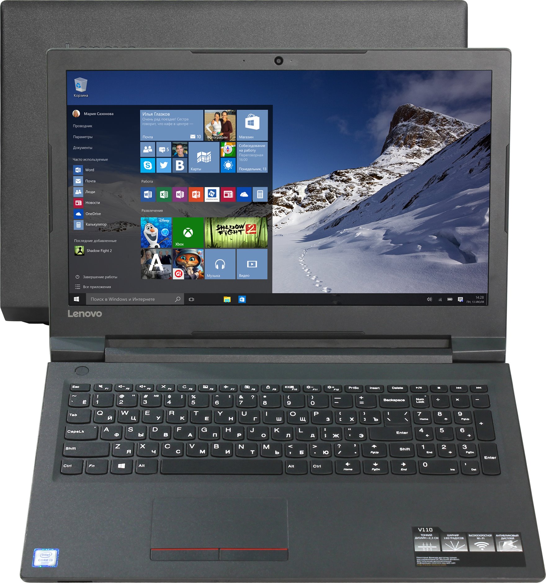 Ноутбук Lenovo V110-15, 15.6", Intel Celeron N3350, 1100 МГц, 2048 Мб, 500 Гб, Intel HD Graphics 500, Wi-Fi, Bluetooth, Cam, DOS, чёрный
