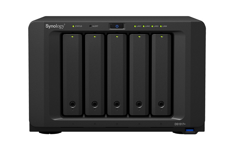 Сетевое хранилище Synology DS1517+  QC2,4GhzCPU/2Gb DDR3(upto16)/RAID0,1,10,5,5+spare,6/upto 5hot plug HDDs SATA(3,5' or 2,5')(upto15 with 2xDX517)