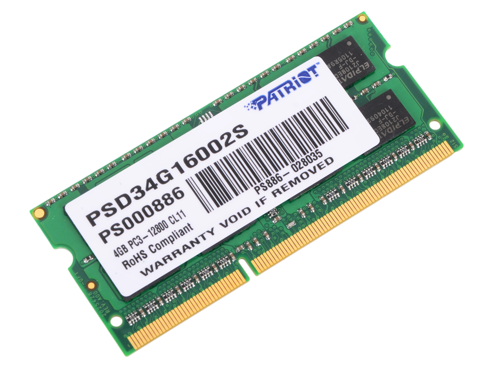 Оперативная память Patriot Memory PSD34G16002S, 4096 Мб, DDR-3, 1600 МГц, 12800 Мб/с, CL11, 1.5 В
