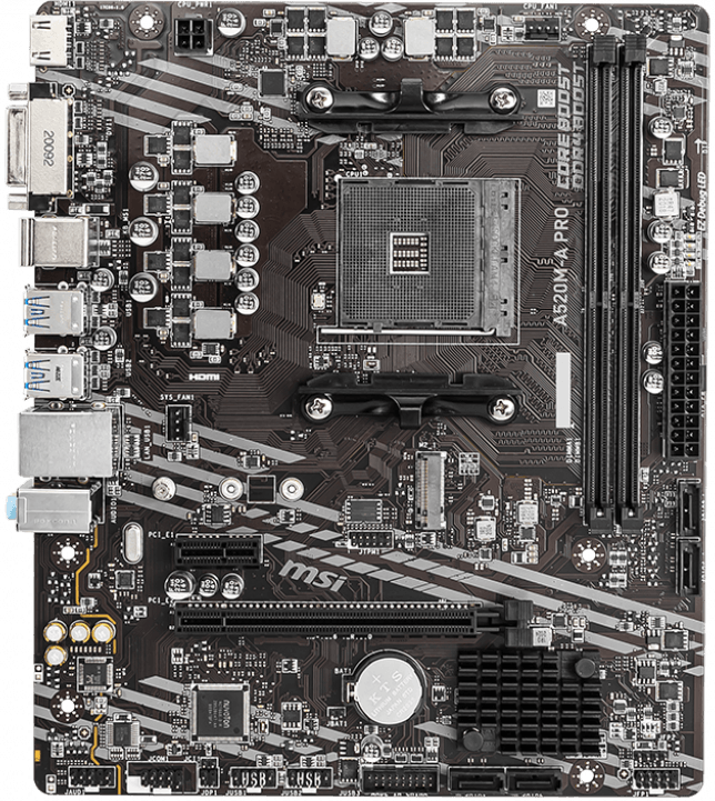 Материнская плата MSI A520M-A PRO Socket: AM4 Чипсет: AMD A520 Количество слотов памяти: 2 Тип памяти: DDR4