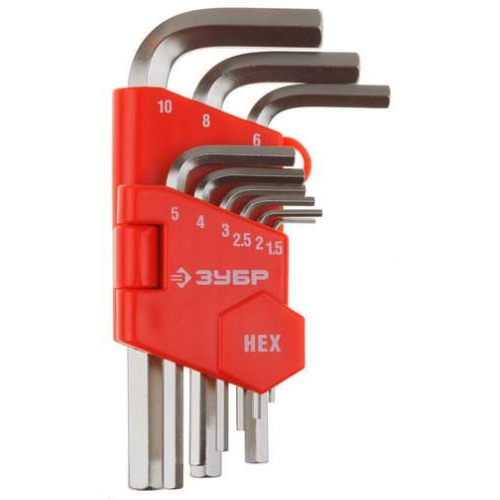 Набор ЗУБР Ключи "МАСТЕР" имбусовые короткие, Cr-V, сатинированное покрытие, пластик. держатель, HEX 1,5-10мм, 9 пред, 27460-1_z02
