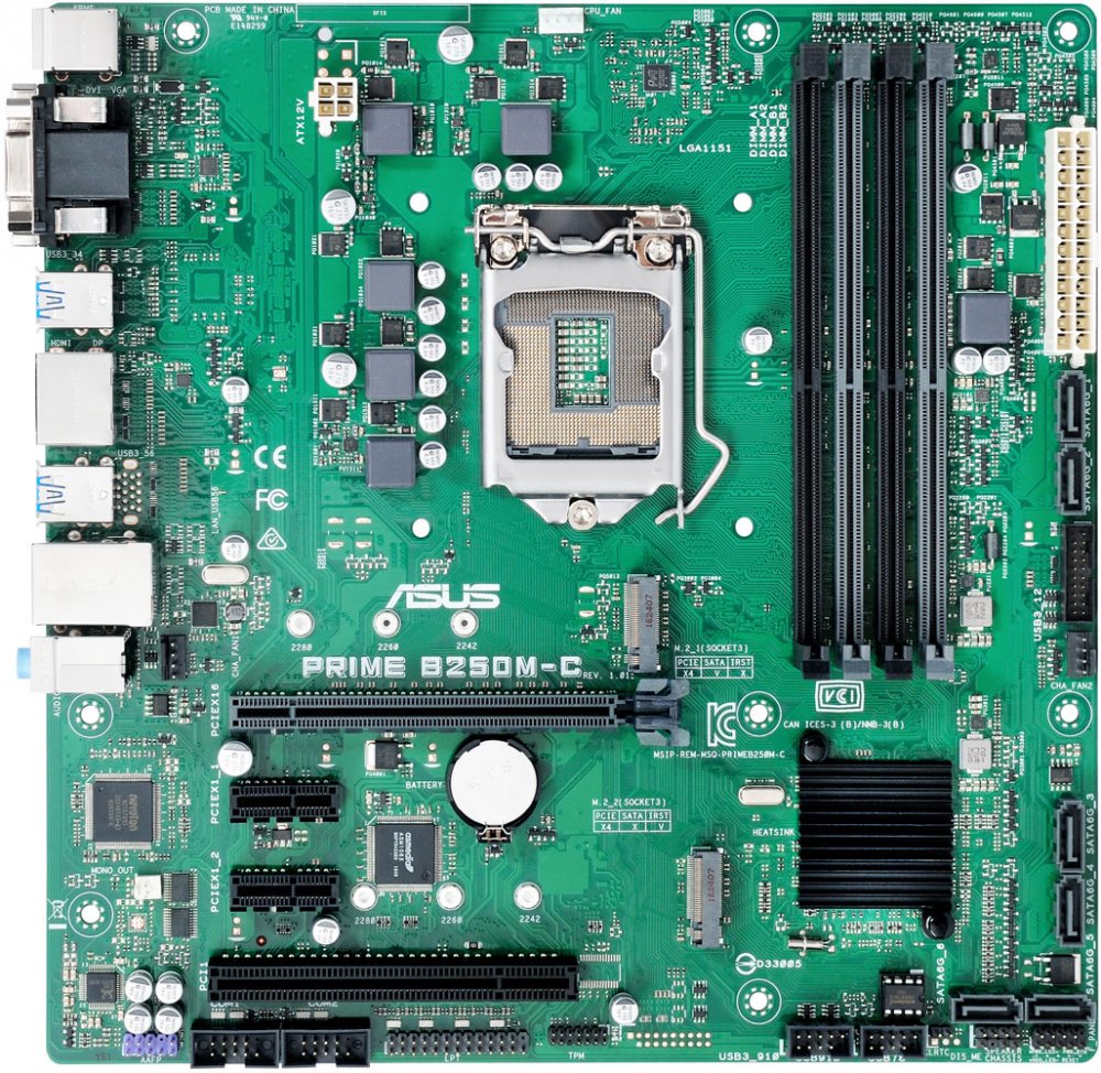 Материнская плата ASUS PRIME B250M-C, Socket 1151, Intel B250, 4xDDR-4, 7.1CH, 1000 Мбит/с, USB3.0, D-Sub, DVI, HDMI, DisplayPort, mATX, Retail