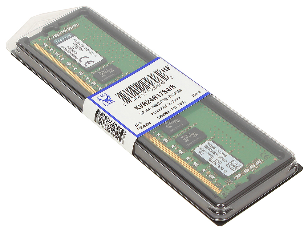 Память оперативная Kingston 8GB 2400MHz DDR4 ECC Reg CL17 DIMM 1Rx4, KVR24R17S4/8