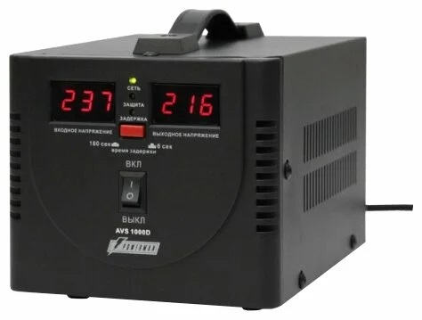Стабилизатор POWERMAN AVS 1000D, черный, ступенчатый регулятор, цифровые индикаторы уровней напряжения, 1000ВА, 140-260В, максимальный входной ток 7А,