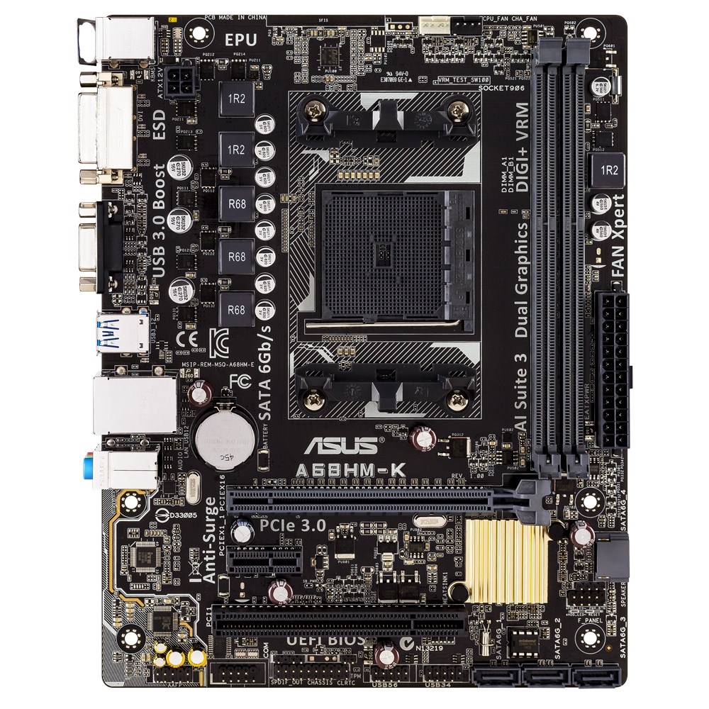 Матплата Asus A68HM-K (FM2+ AMD A68H 2xDDR3 mATX AC`97 8ch(7.1) GbLAN RAID RAID1 RAID10+VGA+DVI)