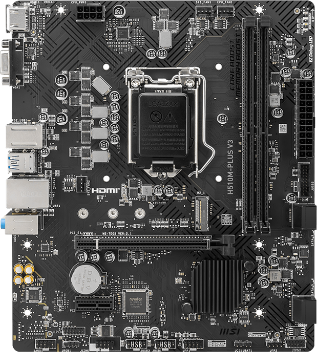 Материнская плата MSI H510M PLUS V3 Socket: LGA 1200 Чипсет: Intel H470 Количество слотов памяти: 2 Тип памяти: DDR4