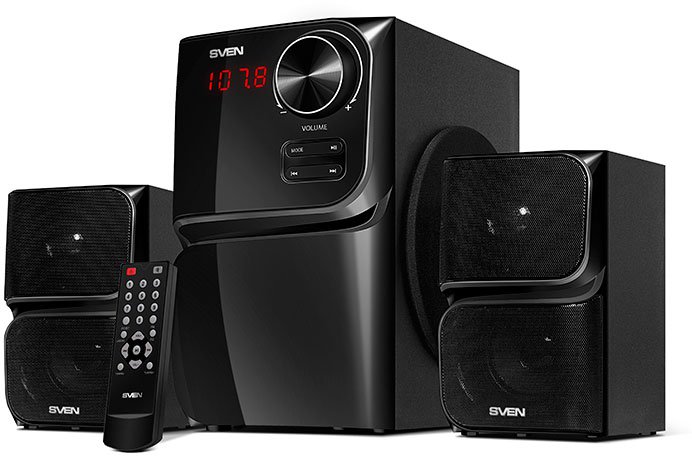 Колонки SVEN MS-305, черный, акустическая система 2.1, мощность (RMS): 20 Вт + 2x10 Вт, FM-тюнер, USB/SD, дисплей, ПДУ, Bluetooth, SV-013615