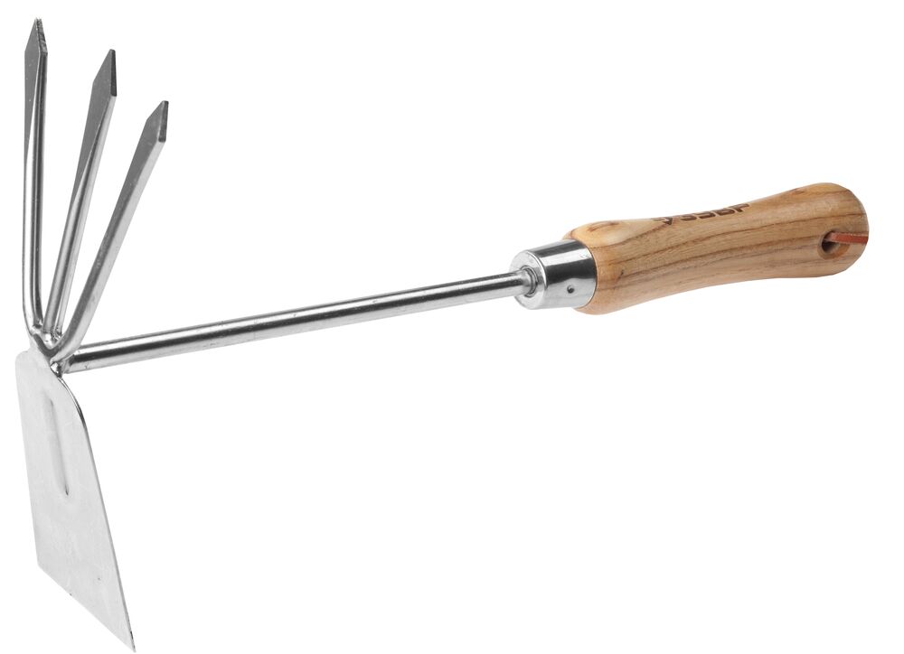 Мотыжка ЗУБР "ЭКСПЕРТ" комбинированная из нерж. стали, деревянная ручка из ясеня, прямое лезвие + 3 зубца, 190х80х330мм, 4-39472