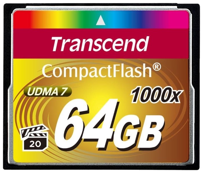 Карта памяти Transcend TS64GCF1000, Compact Flash, 64 Гб, 1000 x, скорость чтения 160 Мб/с, скорость записи 120 Мб/с