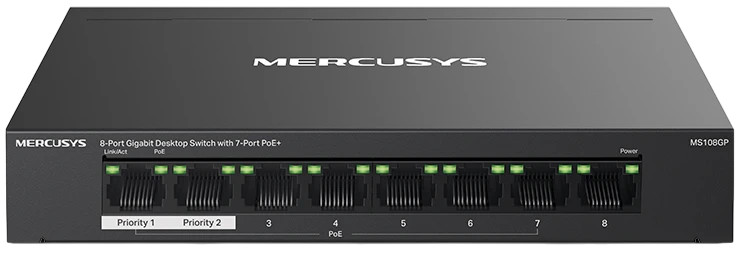 Коммутатор Mercusys MS108GP, 8-Port Gigabit Desktop Switch with 7-Port PoE+ PORT: 7? Gigabit PoE+ Ports, 1? Gigabit Non-PoE Ports SPEC: Compatible wit