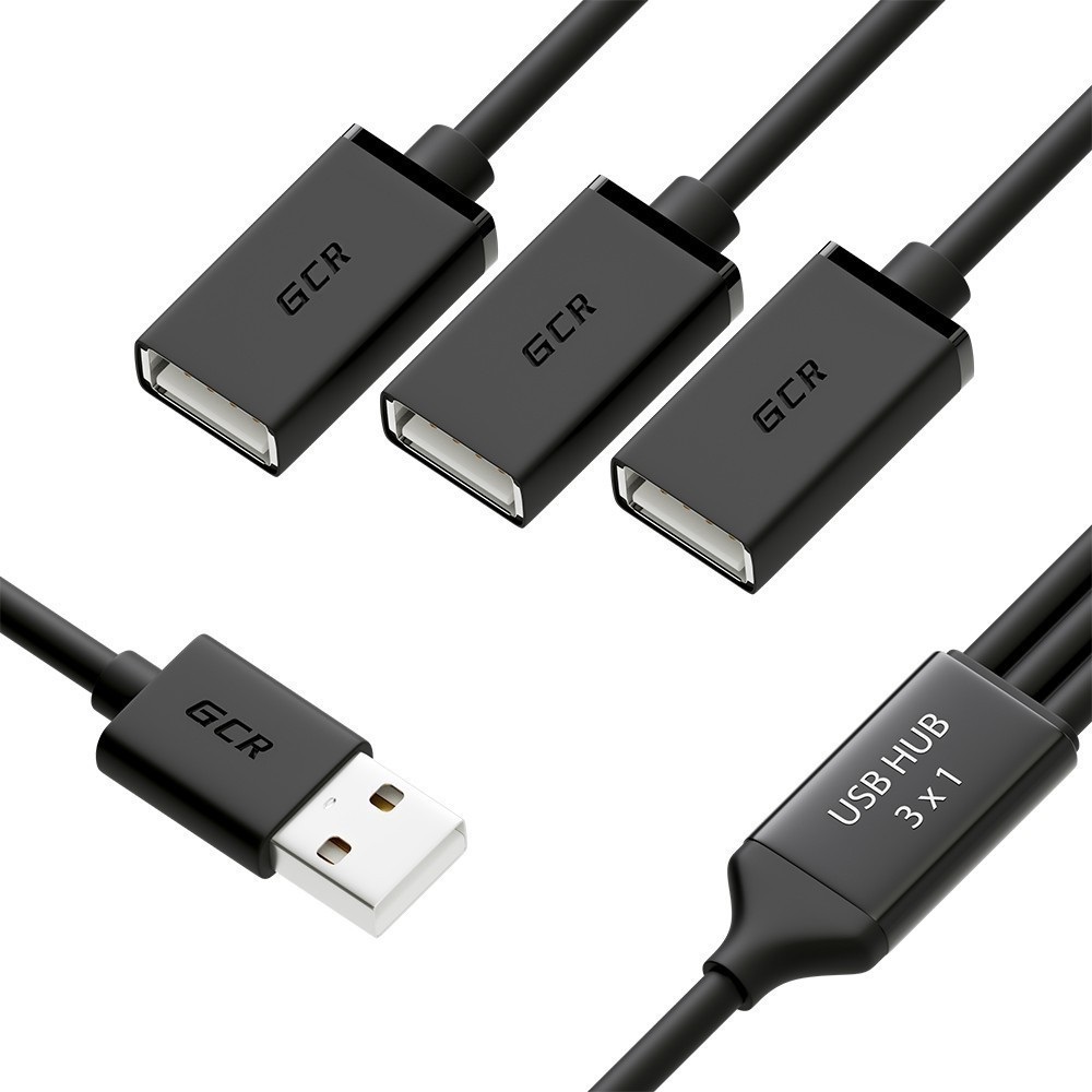 Концентратор USB 2.0 на 3 порта, 1.2m, гибкий, AM / 3 х AF, черный, Greenconnect GCR-52356, GCR-52356