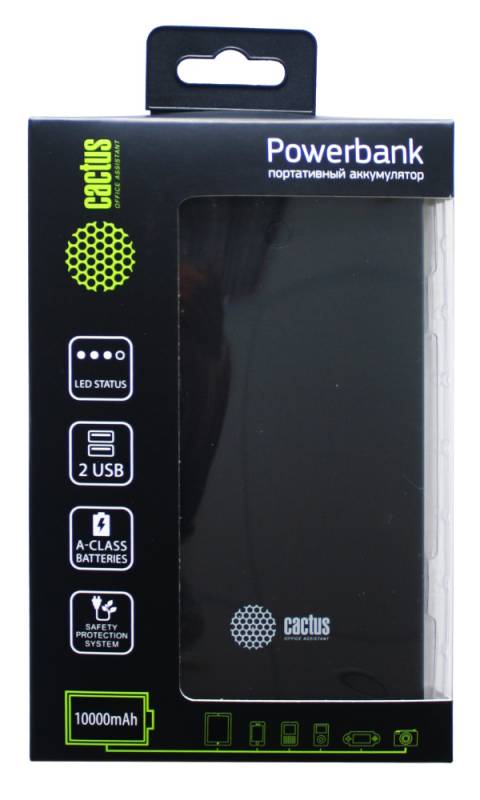 Мобильный аккумулятор Cactus CS-PBAS283 Li-Pol 10000mAh 2.4A+2A черный/темно-серый 2xUSB