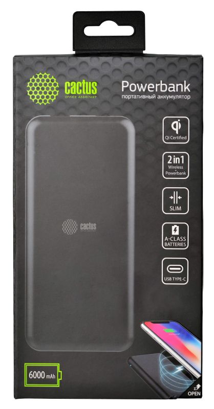 Мобильный аккумулятор с беспроводной зарядкой Cactus CS-PBHTWL-6000 Li-Pol 6000mAh 2.1A черный 1xUSB