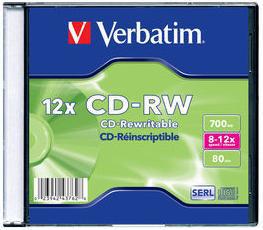 Диск CD-RW Verbatim 700Mb 8-12x Slim case (20шт) (43762)