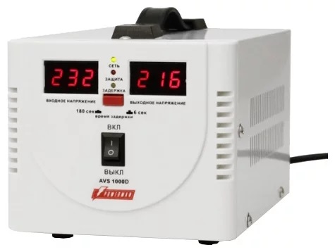 Стабилизатор POWERMAN AVS 1000D, ступенчатый регулятор, цифровые индикаторы уровней напряжения, 1000ВА, 140-260В, максимальный входной ток 7А, 2 еврор