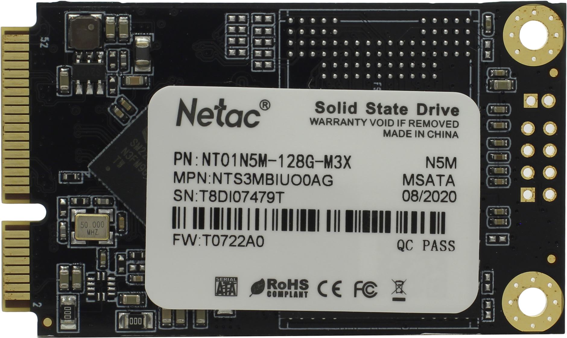 Твердотельный накопитель Netac SSD N5M 512GB mSATA SATAIII 3D NAND, R/W up to 540/490MB/s, TBW 280TB, 3y wty