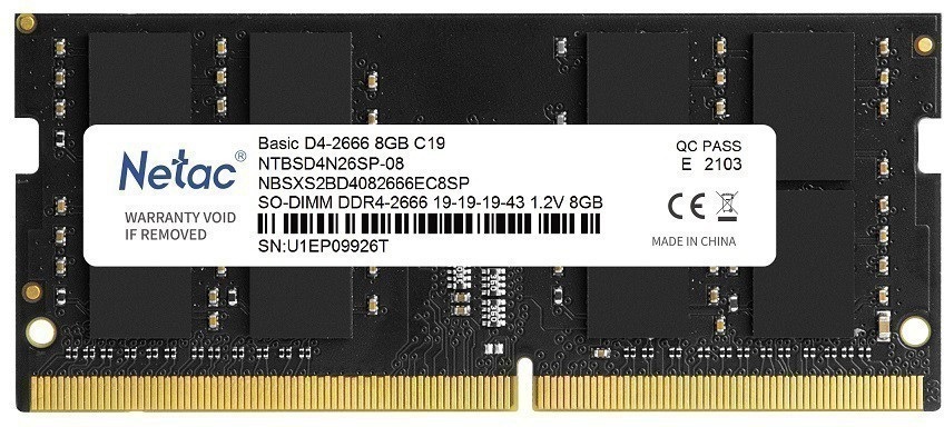 Оперативная память Netac Basic SODIMM 8GB DDR4-2666 (PC4-21300) C19 19-19-19-43 1.2V Memory module