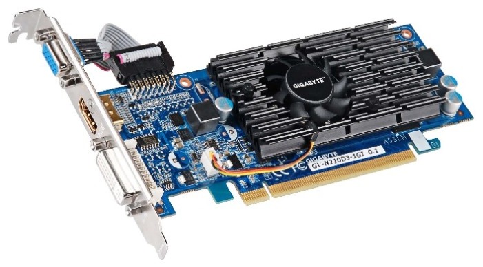 Видеокарта Gigabyte GeForce GT 210, PCI-E 2.0, ядро - 590 МГц, память - 1 Гб DDR3 1200 МГц, 64 бит, VGA, DVI, HDMI, Retail