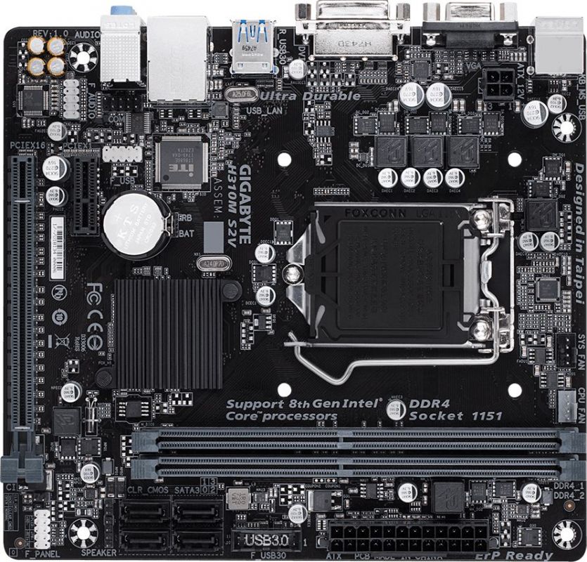 Материнская плата Gigabyte H310M S2V, Socket 1151 v2, Intel H310, 2xDDR-4, 7.1CH, 1000 Мбит/с, USB3.1, D-Sub, DVI, mATX, Retail