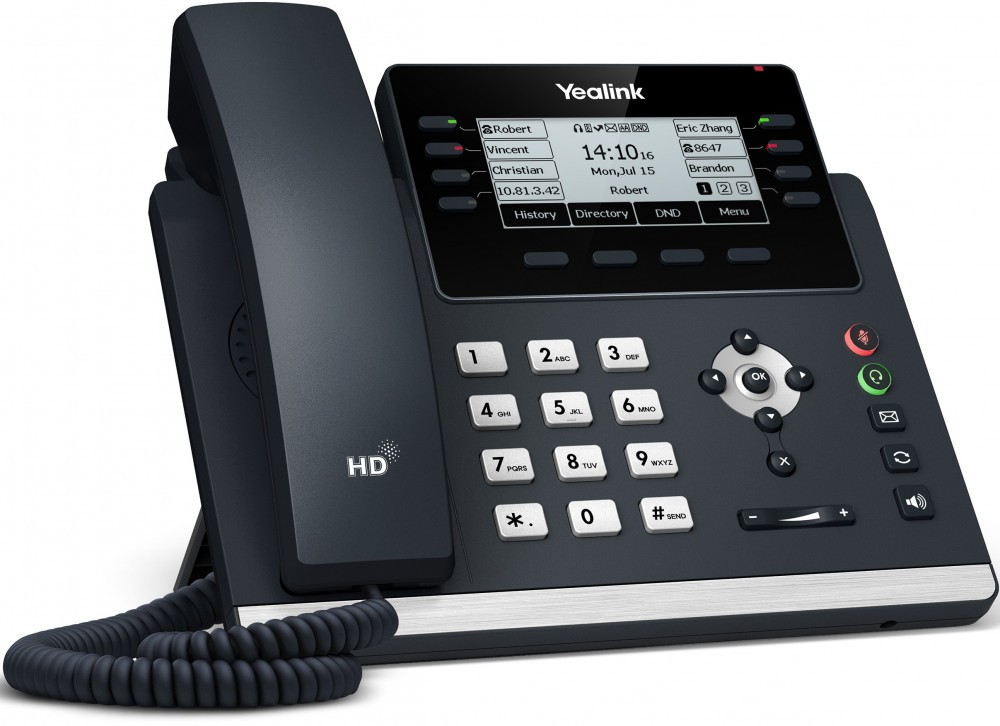 Телефон Yealink SIP-T43U, протоколы связи: SIP, встроенный черно-белый LCD-дисплей, порты: USB, LAN