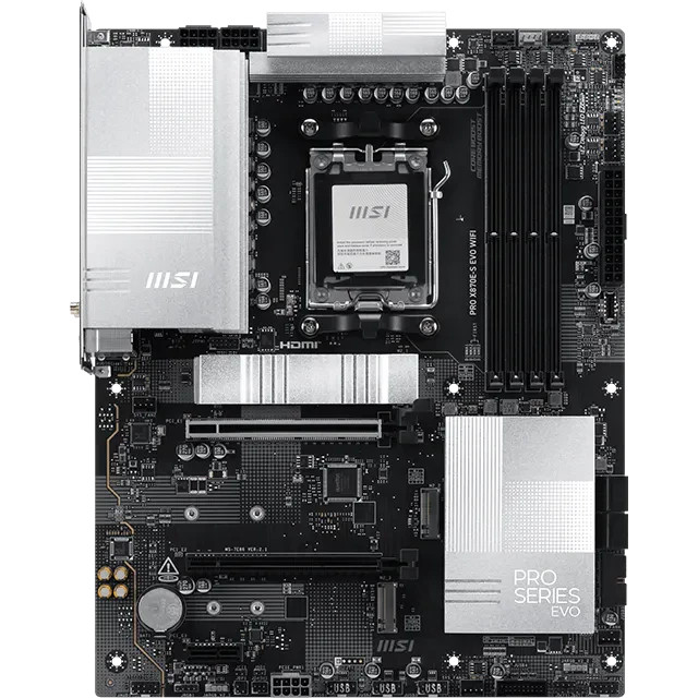 Материнская плата MSI PRO X870E-S EVO WIFI, Форм-фактор: ATX, Сокет: AM5, Чипсет: AMD X870E, Количество слотов памяти: 4, Тип памяти: DDR5