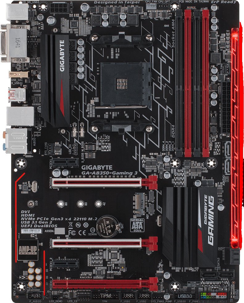 Материнская плата Gigabyte GA-AB350-GAMING 3, Socket AM4, AMD B350, 4xDDR-4, 7.1CH, 1000 Мбит/с, USB3.1, DVI, HDMI, ATX, Retail