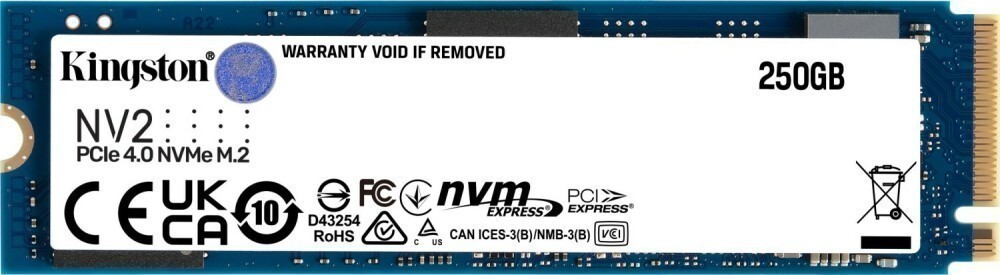 Твердотельный накопитель Kingston SSD NV2, 250GB, M.2(22x80mm), NVMe, PCIe 4.0 x4, 3D TLC, R/W 3000/1300MB/s, TBW 80, DWPD 0.3 (3 года), SNV2S/250G
