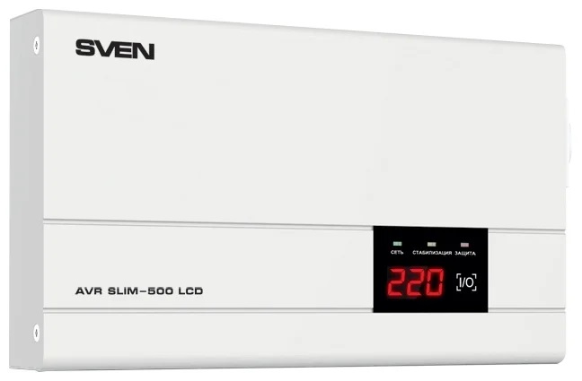 Стабилизатор SVEN SLIM-500 LCD, релейный, 400вт, 500Ва, 140-260в, функция «пауза», 1 евророзетка, 2.35 кг Stabilizer SVEN SLIM-500 LCD, Relay, 400W, 5