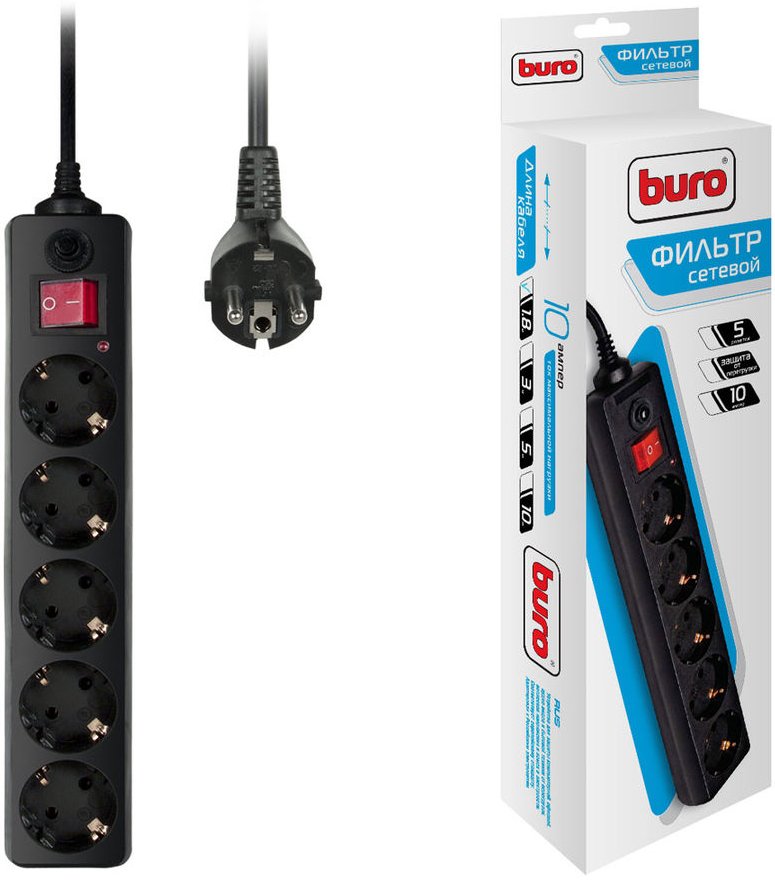 Фильтр сетевой Buro 500SH-1.8-B черный, (5 розеток, 1.8м)