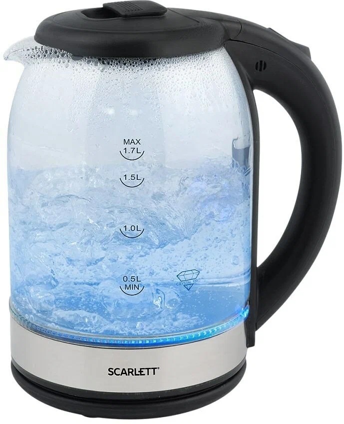 Чайник Scarlett SC-EK27G10, Объем: 1.7 л, Мощность: 1800 Вт, Тип нагревательного элемента: закрытая спираль, Материал корпуса: стекло, Подсветка воды 