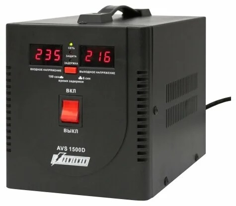 Стабилизатор POWERMAN AVS 1500D, черный, ступенчатый регулятор, цифровые индикаторы уровней напряжения, 1500ВА, 140-260В, максимальный входной ток 10А