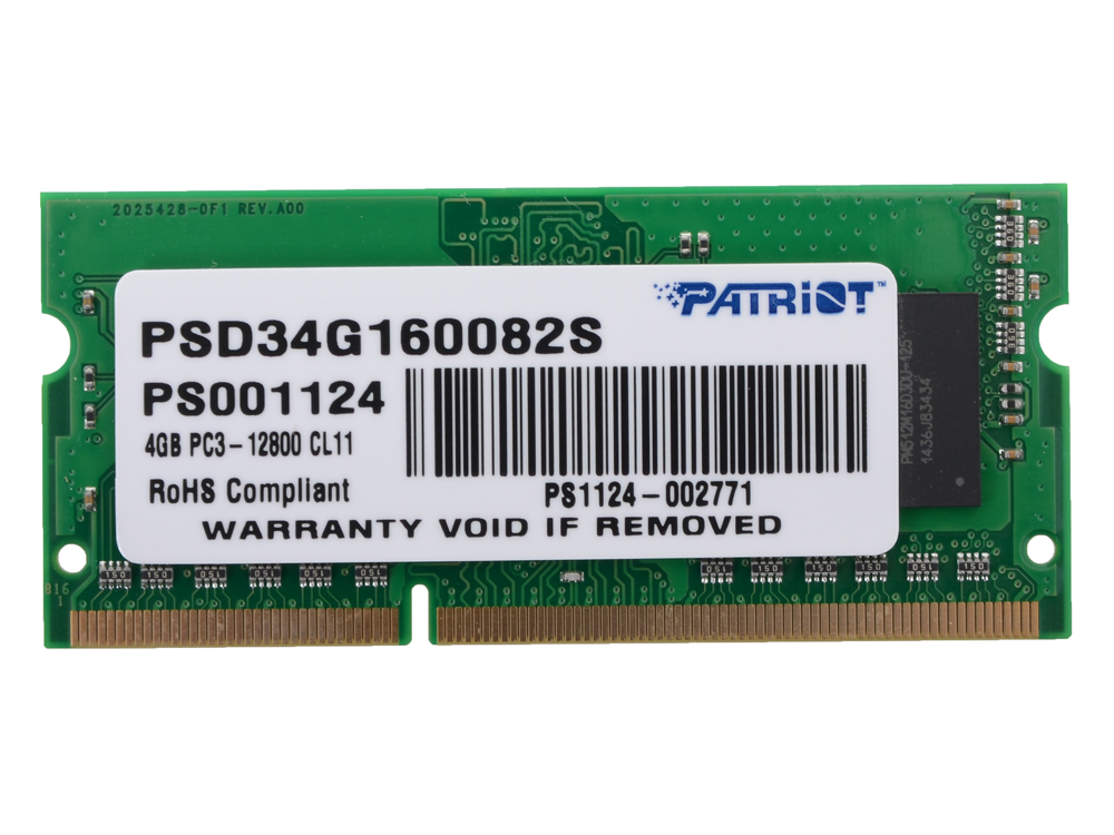 Память SO-DIMM ,4 GB,DDR3L,PС12800/1600, Patriot,  1.35V, PSD34G1600L81S