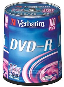 Диск DVD-R Verbatim 4,7Gb 16x Cake Box (100шт), 43549