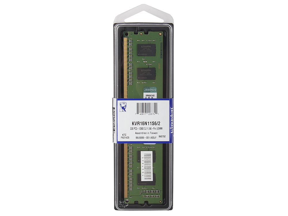 Память оперативная Kingston DIMM 2GB 1600MHz DDR3 Non-ECC CL11 SR x16, KVR16N11S6/2
