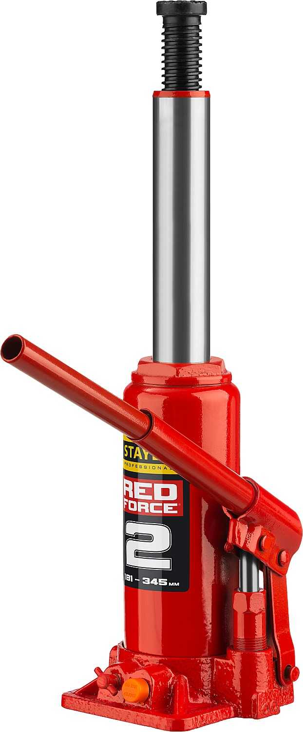 Домкрат гидравлический бутылочный "RED FORCE", 2т, 181-345 мм, в кейсе, STAYER 43160-2-K