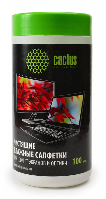 Салфетки,Cactus CS-T1001, для экранов и оптики туба 100шт влажных