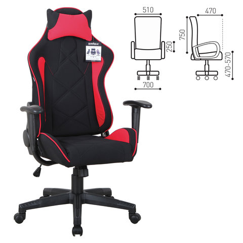 Кресло компьютерное BRABIX "GT Racer GM-101", подушка, ткань, черное/красное