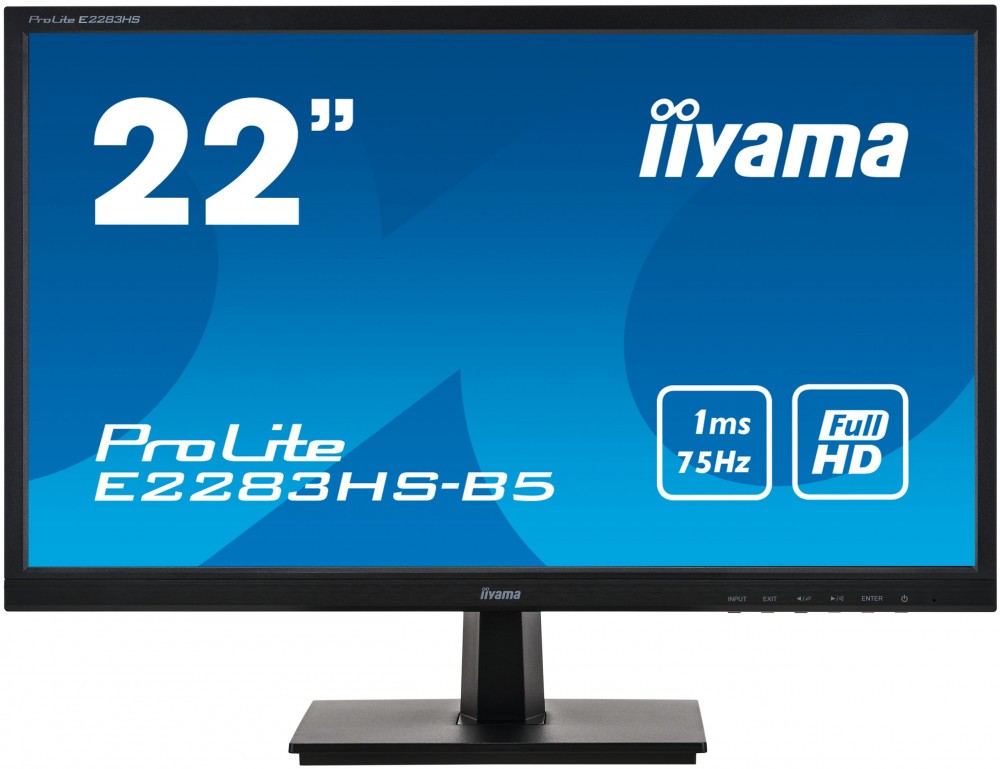 Монитор Iiyama ProLite E2283HS-B5, 21.5", TN, 1920x1080 (Full HD), 1 мс, 75 Гц, 250 кд/м2, 170°/160°, VGA, HDMI, DisplayPort, динамики, чёрный