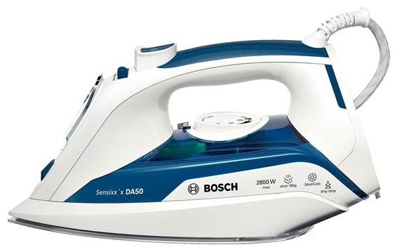Утюг Bosch TDA 5028010, мощность: 2800 Вт, расход при постоянной подаче пара: 40 г/мин, расход при паровом ударе: 180 г/мин, регулировка подачи пара