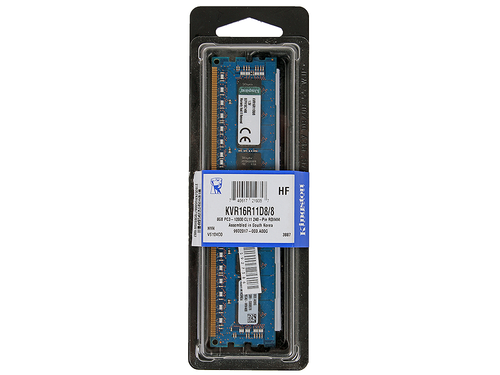 Память DIMM 8 GB,DDR3,PС12800/1600,Kingston, ECC,Reg (KVR16R11D8/8)